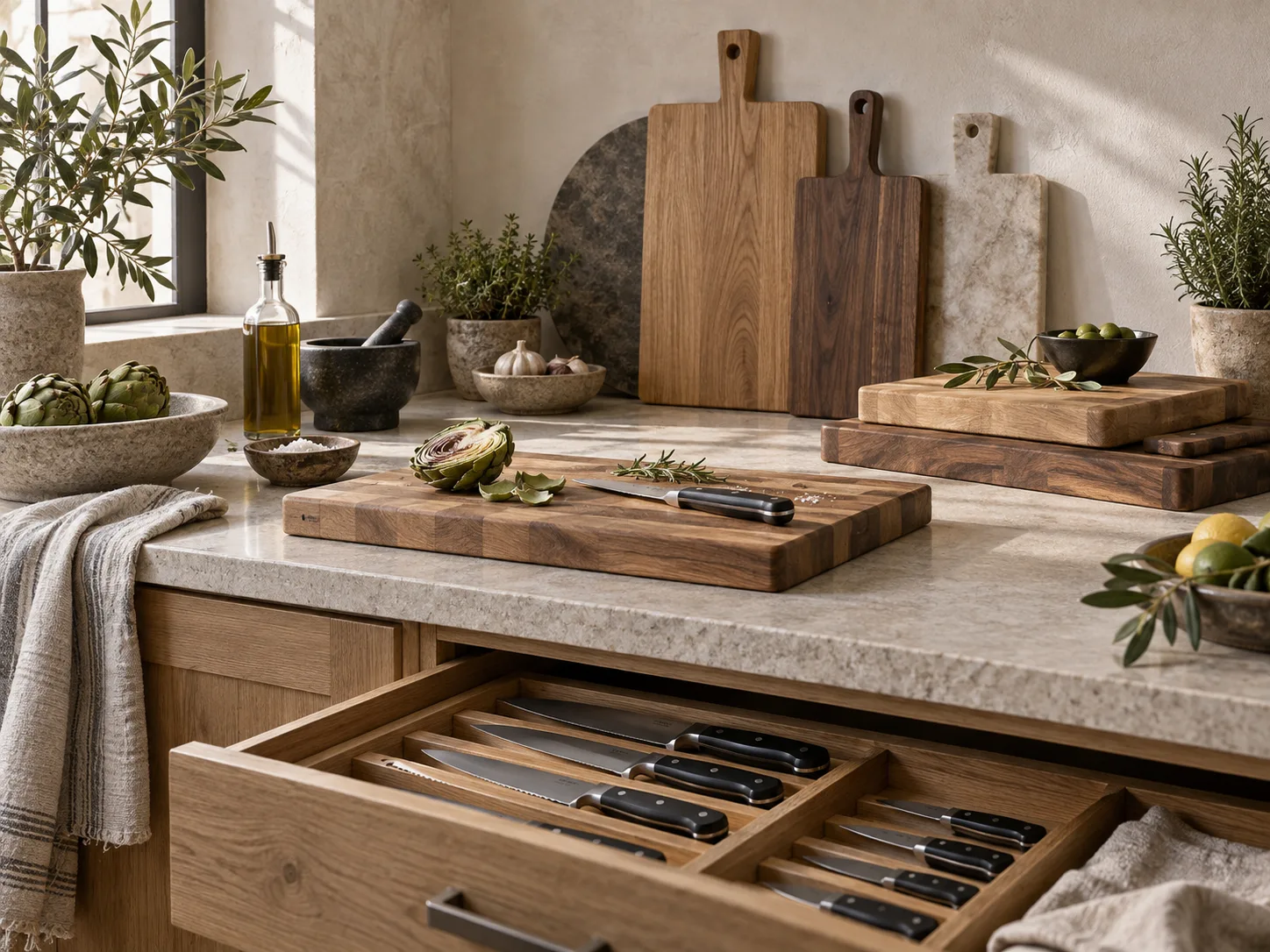 Sélection Couteaux & planches dans une cuisine chaleureuse