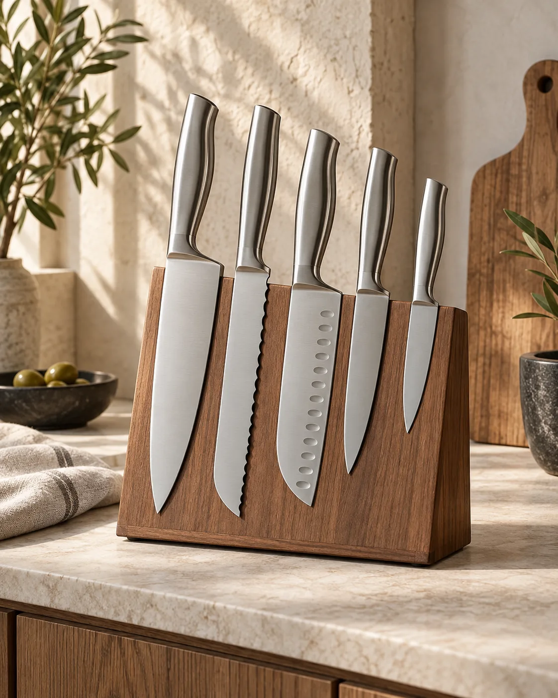 Set de cinq couteaux en inox présenté dans un bloc en bois
