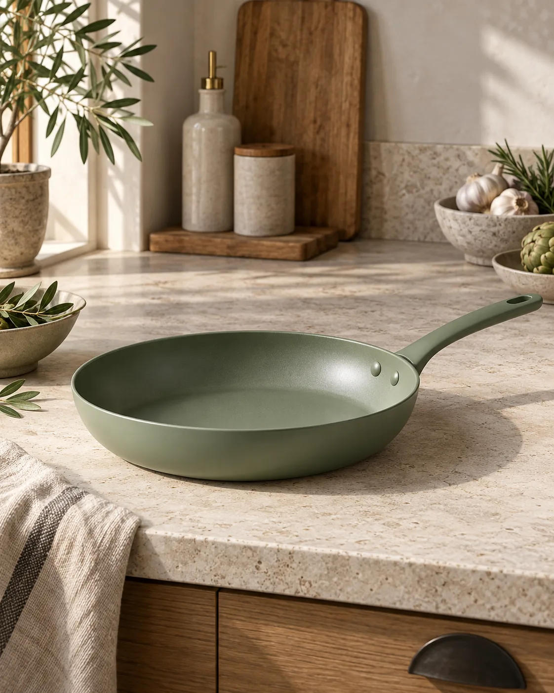 Poêle antiadhésive vert sauge de 28 cm sur plan de cuisine