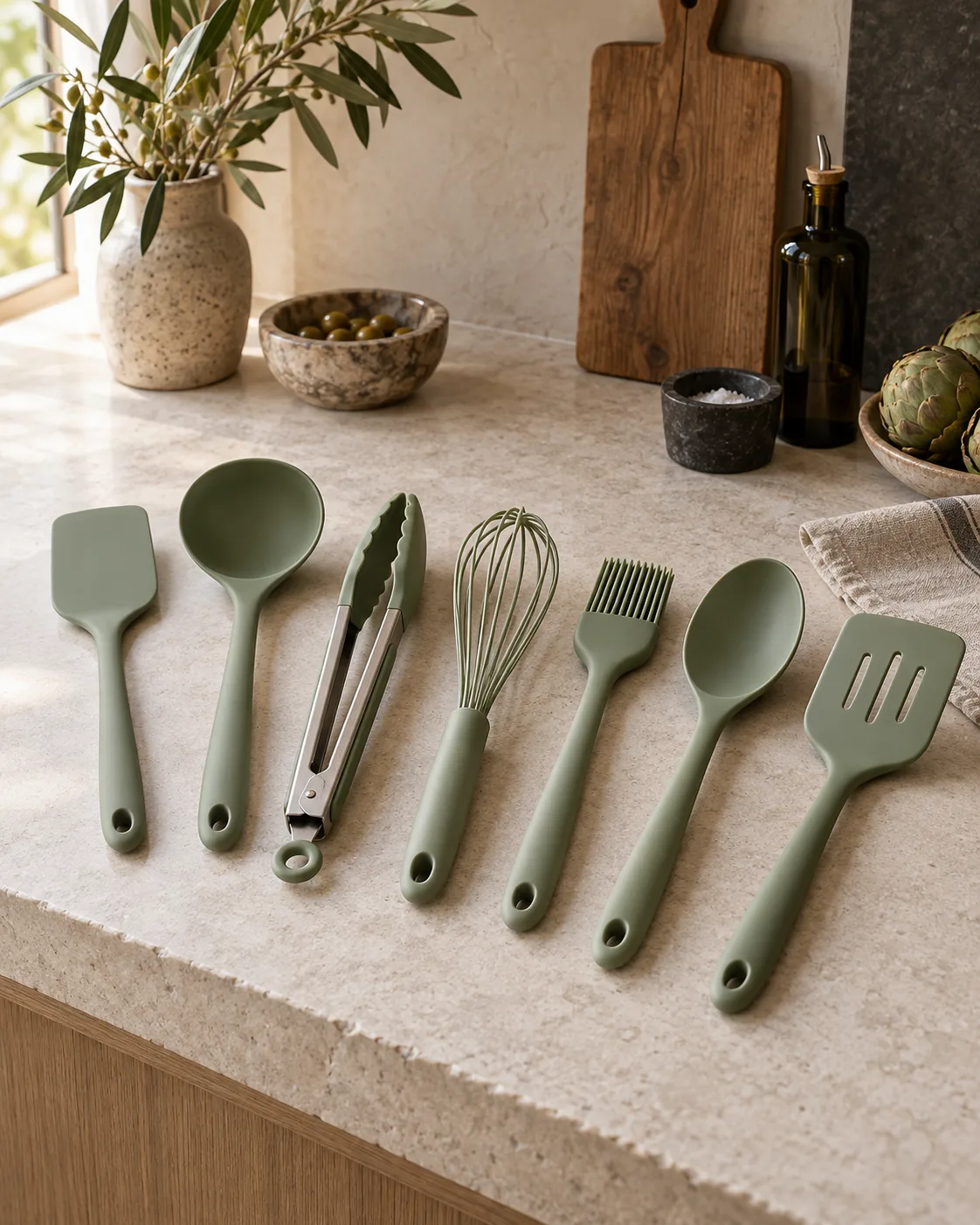 Sept ustensiles de cuisine en silicone vert sauge