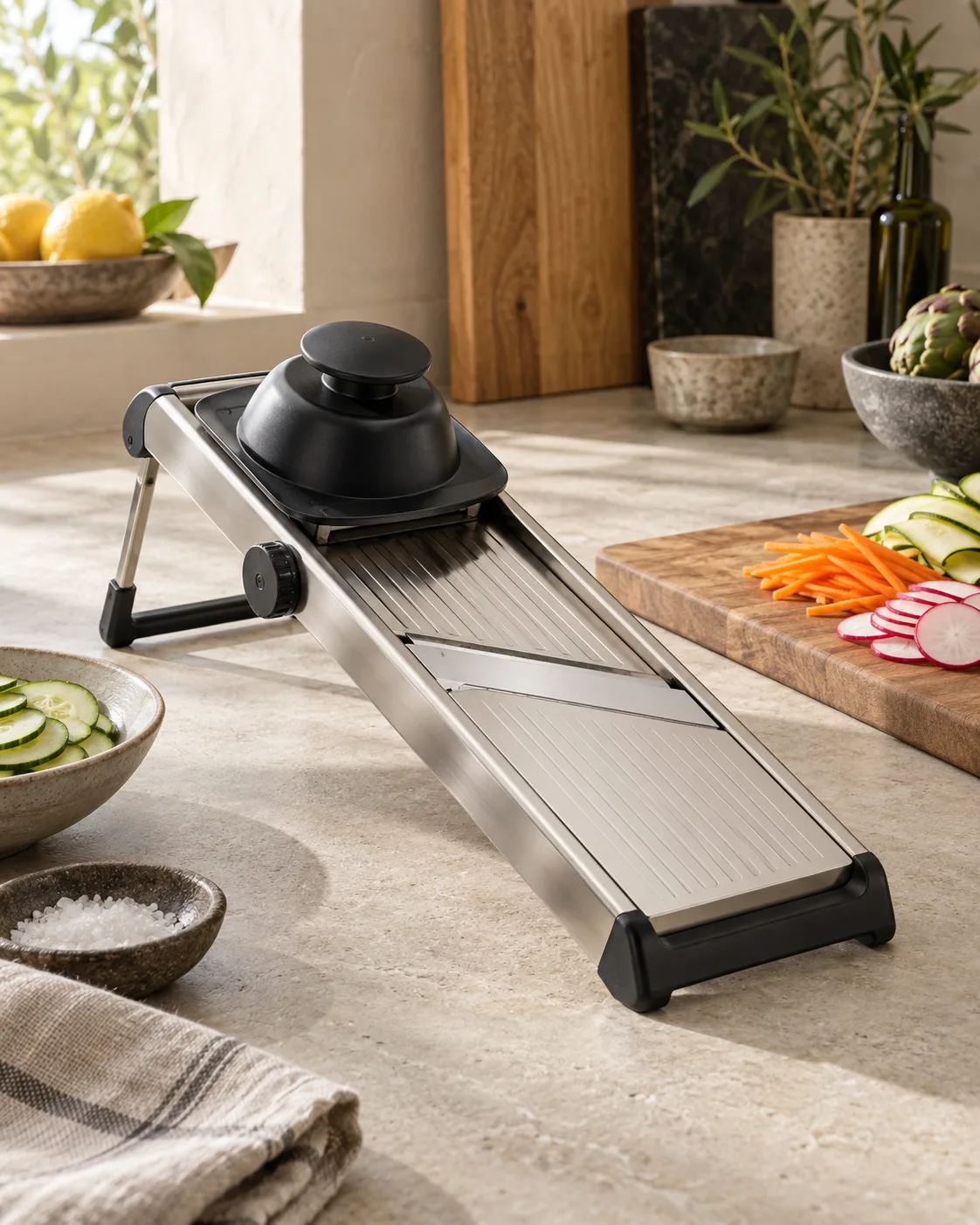 Mandoline de cuisine réglable en inox avec protège-main
