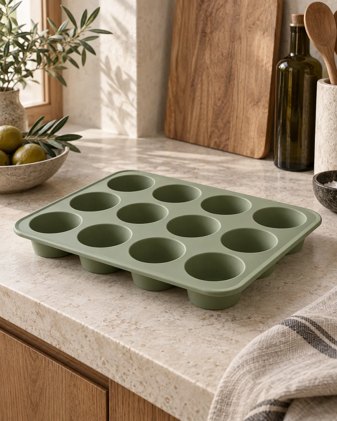 Moule en silicone vert sauge à douze empreintes pour muffins