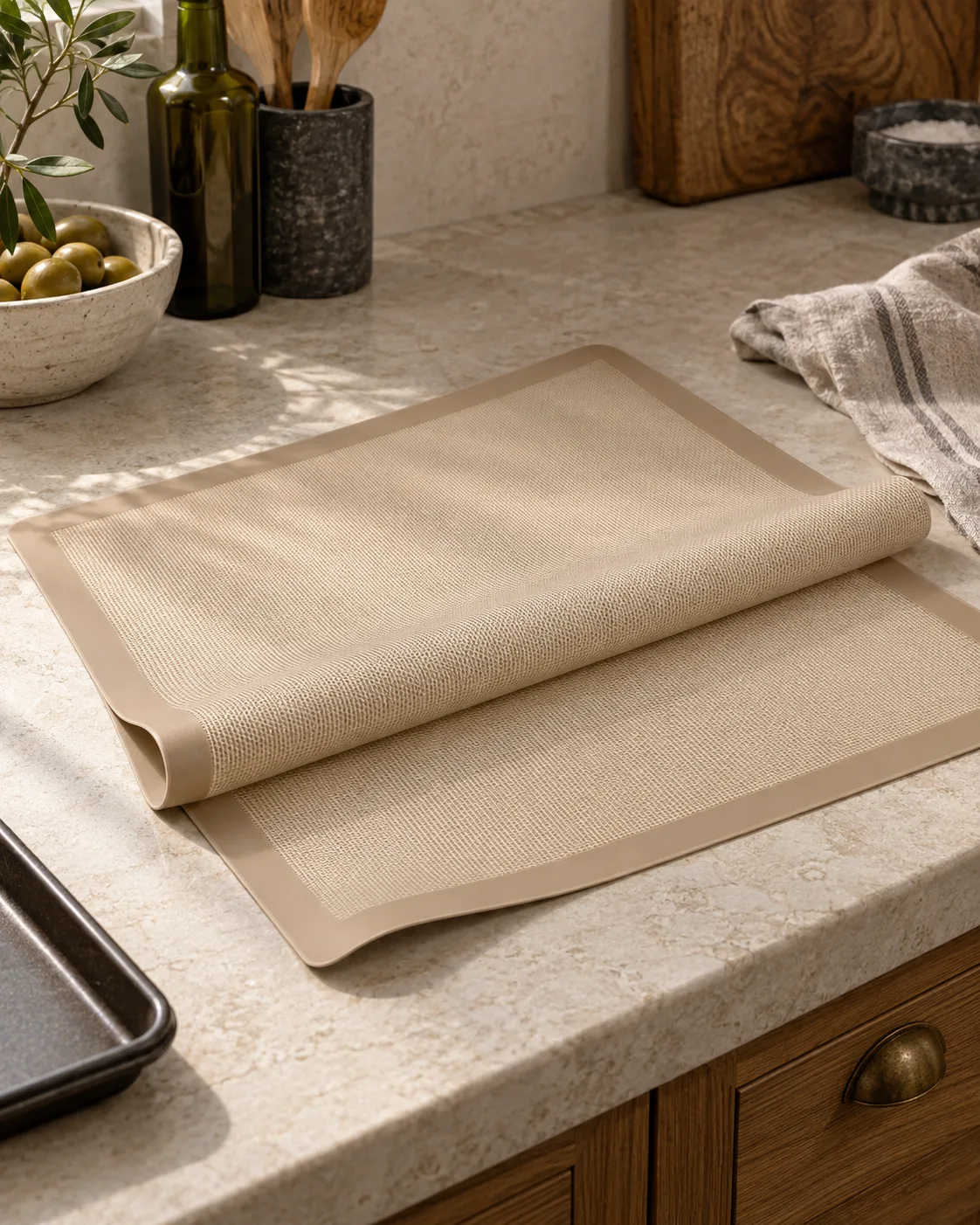 Deux tapis de cuisson en silicone beige légèrement roulés