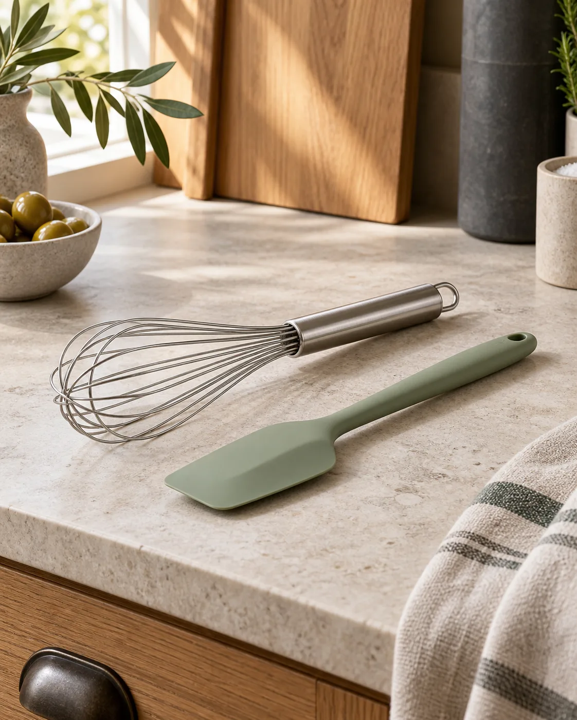 Fouet ballon en inox et maryse en silicone vert sauge