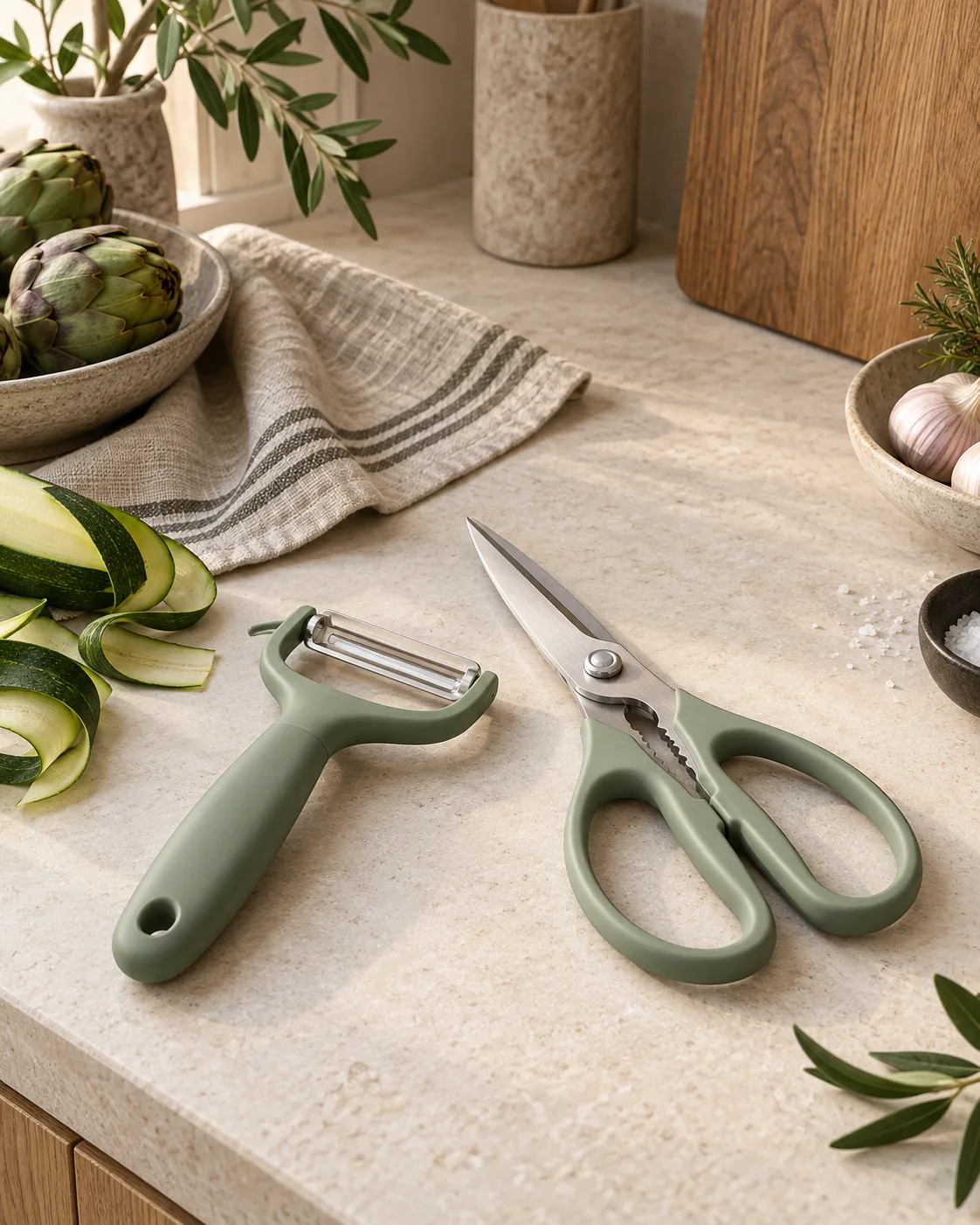 Éplucheur vert sauge et ciseaux de cuisine en inox