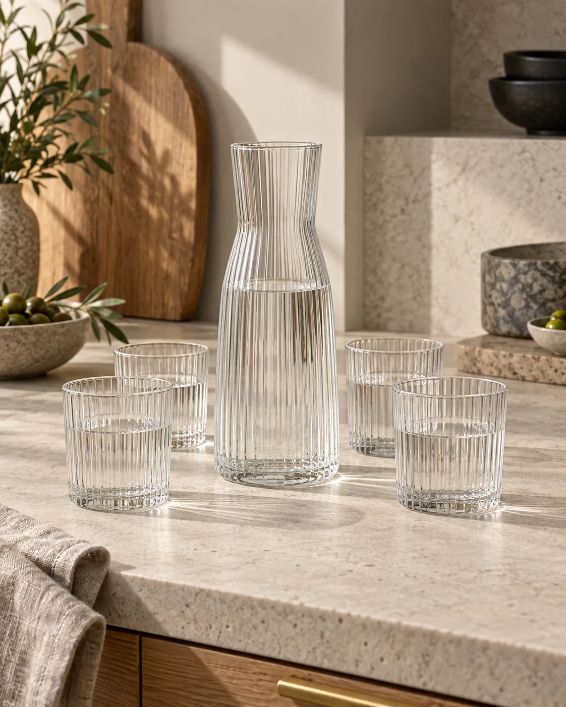 Carafe en verre rainuré accompagnée de quatre verres assortis